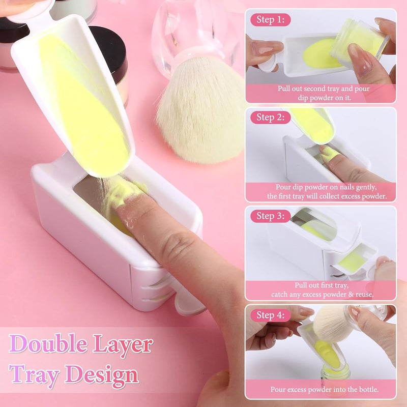 heemeei Dip Powder Recycling Tray System, Portable Nail Dip Powder Tray Kit with Nail Dust Brush, Glass Nail File, French Nail Art Manicure Essential Tool, Makeup Tool Glitter Saver(White) - Image 3